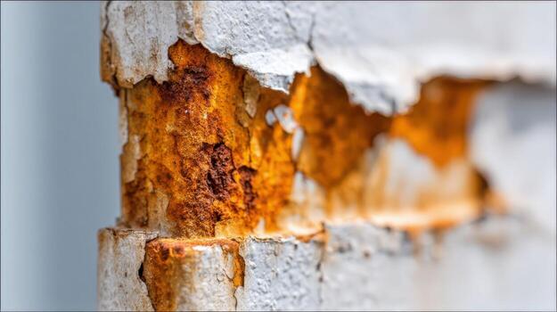 Close-up of Decaying White Concrete with Rust, Showing Weathering, Corrosion, and Structural Damage photo
