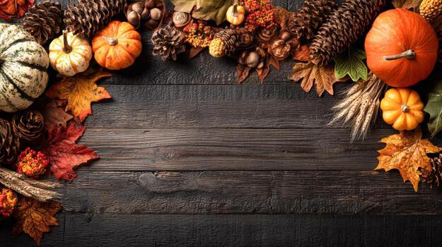 Autumn Harvest Display with Pumpkins, Pinecones, and Fall Leaves on Dark Wood Background photo