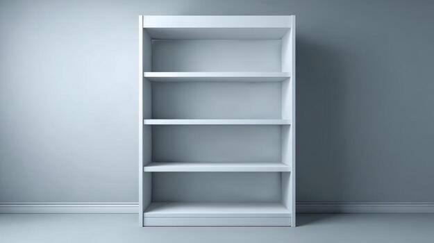 Empty White Bookshelf Against a Wall Minimalist Interior Design for Mockups and Product Display photo