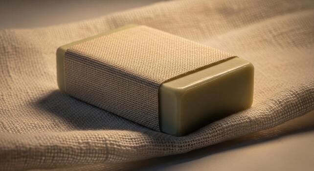 A handcrafted bar of natural soap with a textured fabric wrap rests on a soft, neutral-colored cloth photo