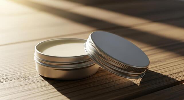 Natural cosmetic product mockup of a round metal container with solid cream, open lid on a wooden background with sunlight and shadow photo
