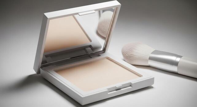 Elegant compact face powder with an open mirror and a soft, professional makeup brush, presented in a minimalist high-key studio setting for a clean beauty aesthetic photo