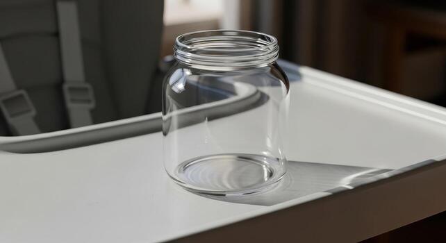 Empty glass jar on a table with natural light, showcasing a clean and simple design photo