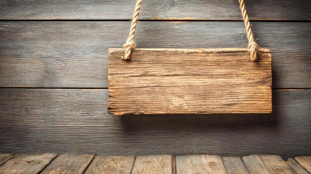 Rustic Wooden Sign Hanging on Aged Wood Planks Background with Copy Space for Custom Messaging photo