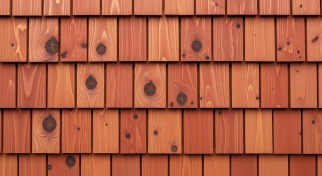 Detailed close-up of overlapping red cedar wood shingles showcasing natural grain texture and rustic knots, creating a seamless siding background photo