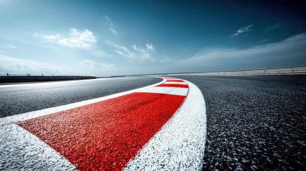 Racing Circuit Corner Asphalt Road with Red and White Curbing Under a Cloudy Sky photo