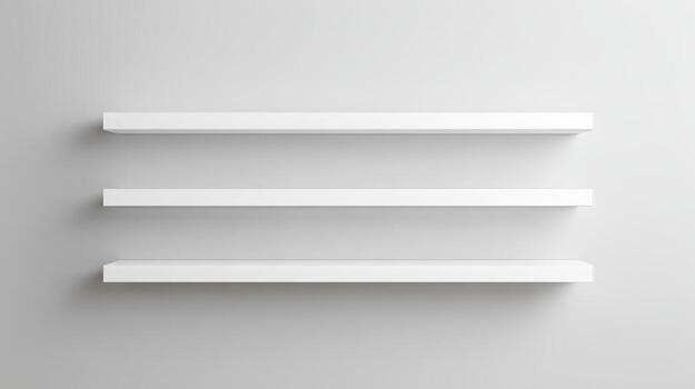 Three white floating shelves mounted on a gray wall create a minimalist display space photo