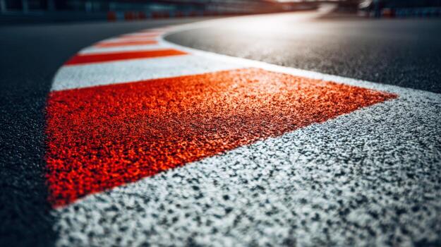 High-Angle Shot of Race Track Curb with Red and White Striped Edge, Motorsport and Asphalt photo
