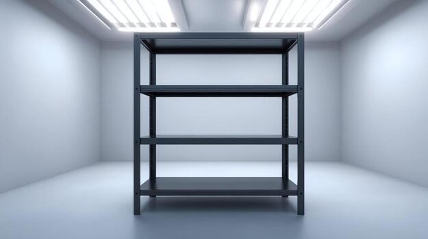 Empty Metal Shelving Unit in a Bright White Room, Ideal for Storage Solutions or Product Display photo