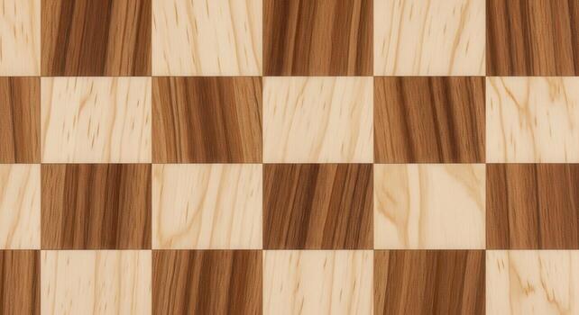 Seamless tileable checkered wood pattern background with alternating squares of natural light and dark timber grains, creating an elegant and sophisticated wooden texture photo