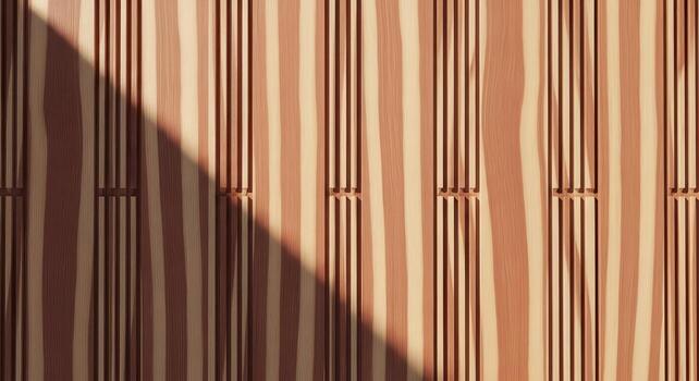 Contemporary architectural background of a fluted wooden wall with vertical slats, showing natural grain and texture under a dramatic diagonal shadow photo