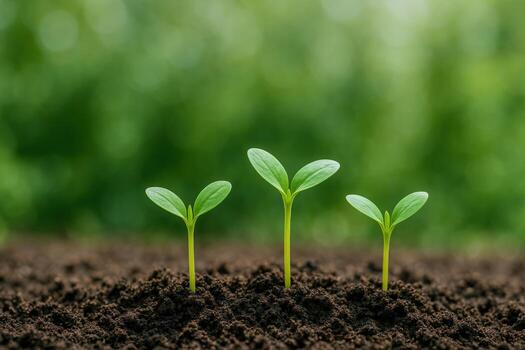 Three Seedlings Emerging from Soil in a Garden, Representing Growth, New Life and Environmental Awareness photo