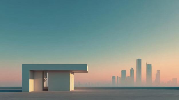 Minimalist Building Facade with Cityscape Background, Modern Architecture in Pastel Hues for Design and Advertising photo