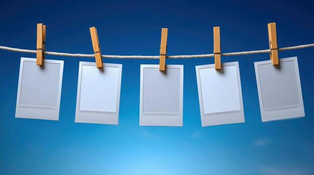 Five Blank Instant Photos Hanging on a Clothesline with Blue Sky Background, Perfect for Mockups