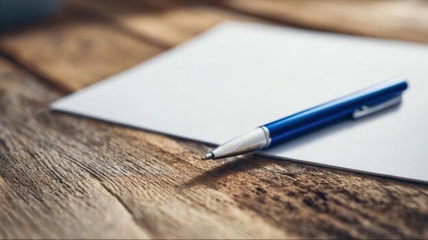 Elegant Blue Pen Resting on White Paper Sheet, Placed on Rustic Wood Surface photo