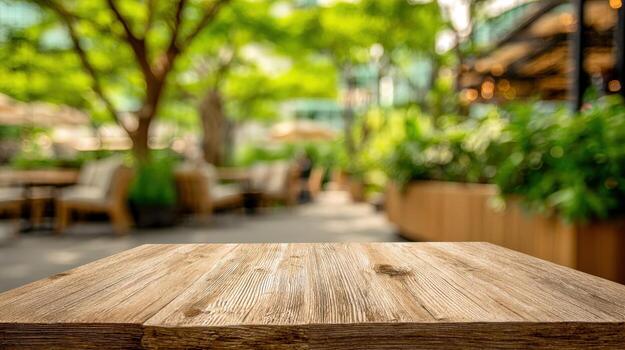 Rustic Wooden Tabletop with Blurred Outdoor Cafe Background for Product Display and Marketing Visuals photo