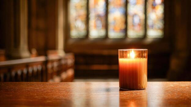 Candlelight Glow in Sanctuary Serene Ambiance of Faith and Reflection with Stained Glass Window photo