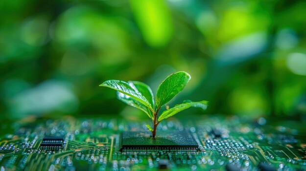 Green Technology Concept Sprout Growing on Computer Circuit Board Illustrating Sustainable Innovation and Future photo