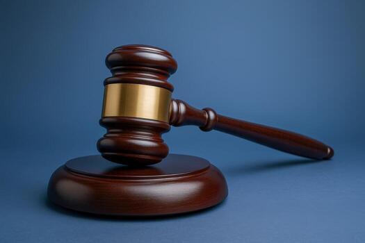 Wooden Gavel and Sound Block Symbolizing Law, Order, and Justice on a Blue Background photo