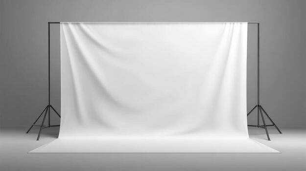Studio Backdrop with White Cloth on a Metal Frame, Ideal for Product Photography and Portraits photo