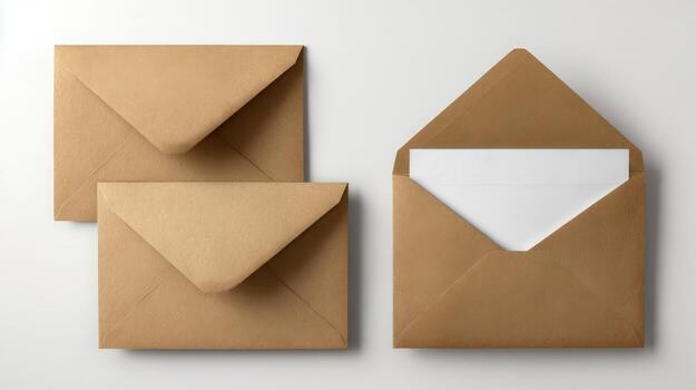 Elegant Brown Envelopes Mockup for Invitations, Correspondence, and Business Communications on Clean White Background photo