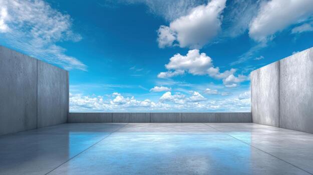 Empty Concrete Rooftop with Blue Sky and Clouds, Minimalist Architecture for Commercial Background photo