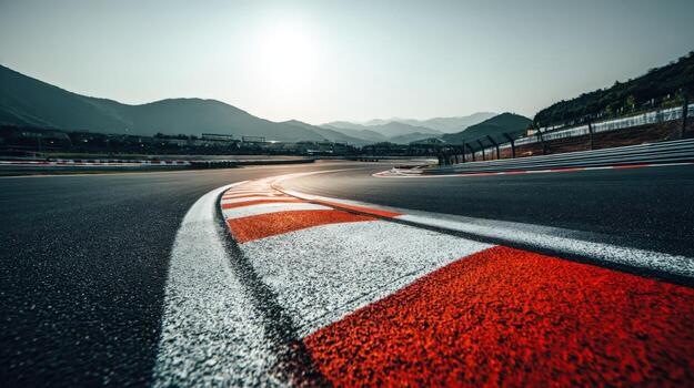 Empty Asphalt Race Track With Sun Shining Over Mountain Range, Illustrating Speed and Competition photo