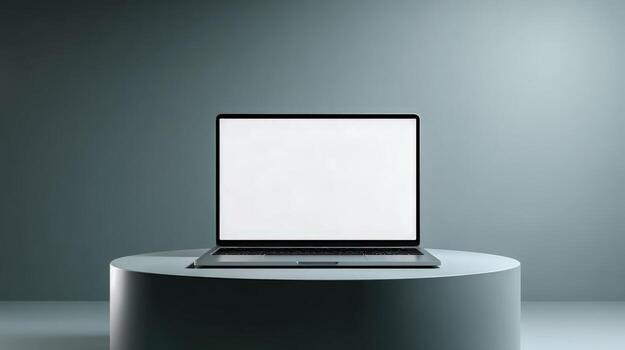 Sleek Laptop Display on Modern Circular Stand, Mockup for Presentation and Technology Promotion photo