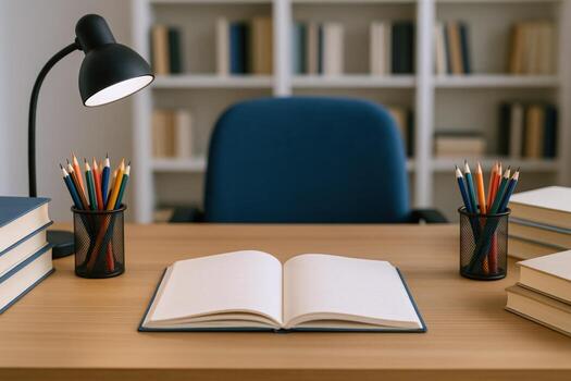 Open Notebook on Wooden Desk in Study Room with Bookshelf Background, Education and Learning Concept photo