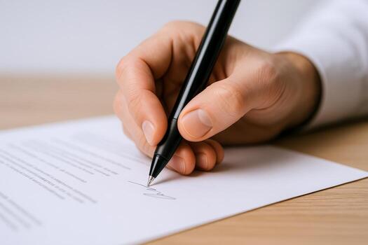 Close-up of a Persons Hand Signing a Document with a Pen on a Wooden Desk photo