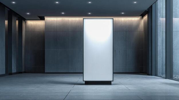 Blank White Billboard Advertisement Display in Modern Office Lobby, Ready for Customization and Marketing photo