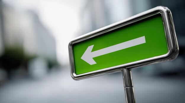 Green Arrow Sign Pointing Left Directing Urban Traffic, Directional Guidance in City Environment photo