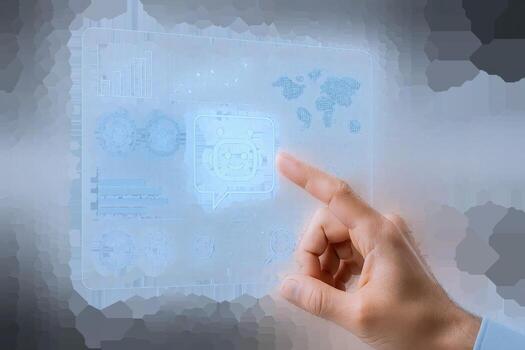 Human Finger Tapping Touchscreen with Chatbot Interface for AI, Automation, and Digital Transformation Concept photo