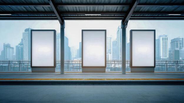 Three Blank Billboard Mockups on an Urban Train Platform with Cityscape Background for Advertising photo