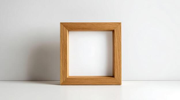 Minimalist Wooden Picture Frame Mockup on White Surface for Art and Photography Displays photo