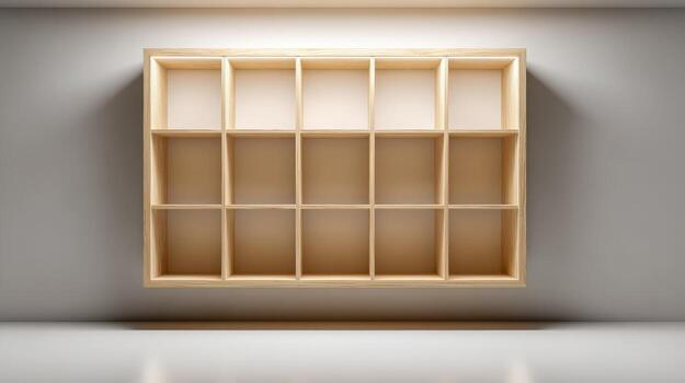 Empty Wooden Shelf with Multiple Compartments Against a White Wall, Ideal for Product Display or Organization photo