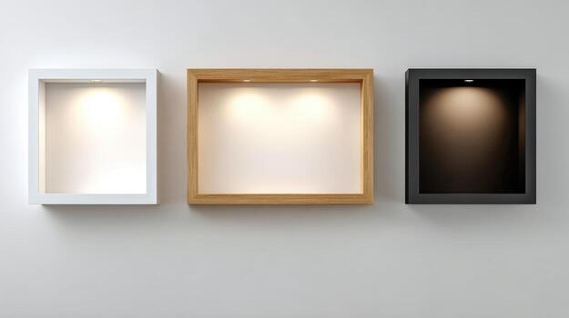 Illuminated Wall Niche Display Three Empty Cubes for Art, Products, or Decorative Elements Against a White Wall photo