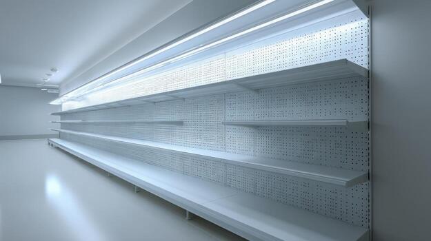 Empty White Retail Shelves in Store Awaiting Products, Ready for Merchandising and Stocking photo