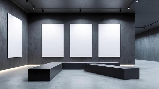 Modern Art Gallery Interior with Blank Canvases and Minimalist Benches for Mockup Display photo