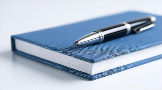 Blue Notebook with Pen Resting on Top, Ideal for Business, Education and Creative Writing Concepts photo