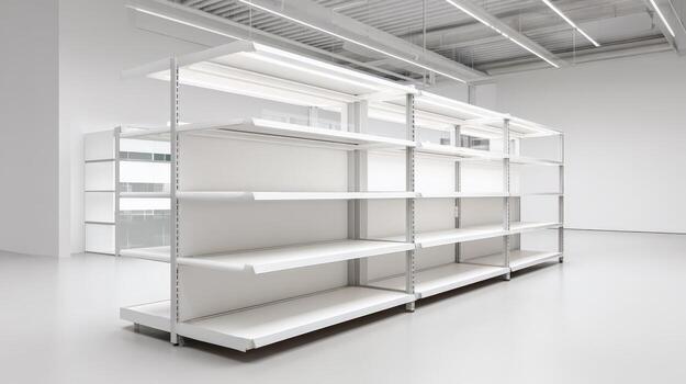 Empty Store Shelves in Minimalist White Space, Retail Display Opportunity, Clean Commercial Setting photo