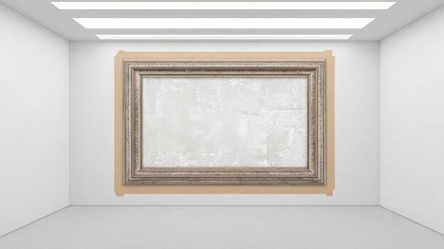 Empty ornate picture frame in art gallery, blank canvas for mockups and displays with bright lighting photo