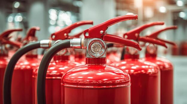 formación de rojo fuego extintores Listo para utilizar en comercial o industrial configuración, demostrando la seguridad equipo foto