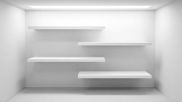 Minimalist White Room with Empty Shelves Modern Interior Design and Display Space photo