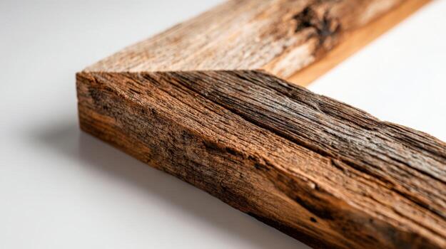 Rustic Wooden Frame Corner Detail with Natural Texture and Grain Pattern on White Background photo