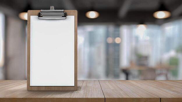 Clipboard with Blank Paper Mockup on Wooden Table in Modern Office Interior with Copy Space photo