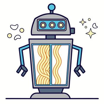 Gray cartoon robot displays golden swirling objects within its chest compartment on white vector