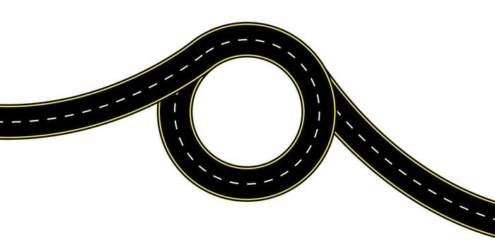 Top view of a long winding highway with dashed center lines and smooth asphalt texture illustration. Backgrounds route planning highway icons journey graphics and empty lane transport designs vector