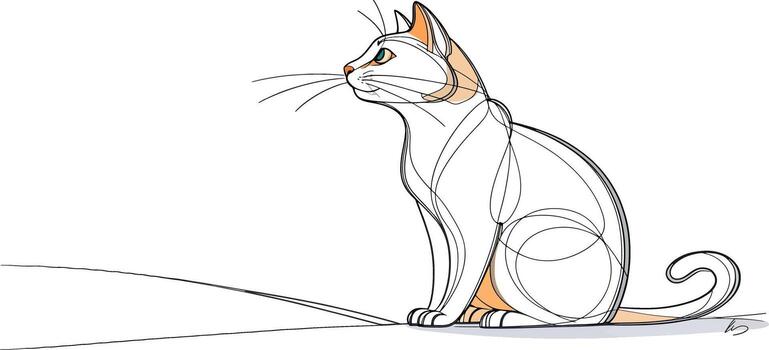A sketch of a sitting cat with orange markings, isolated on white background, showing anatomical guidelines and a shadow vector