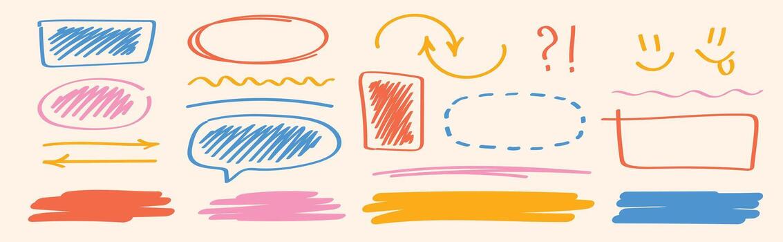 Hand drawn doodle collection blue, pink and red sketch bubbles, arrows, highlights and underline markers for creative notes and design. Highlight marker lines. Hand drawn text boxes, highlight, mark. vector